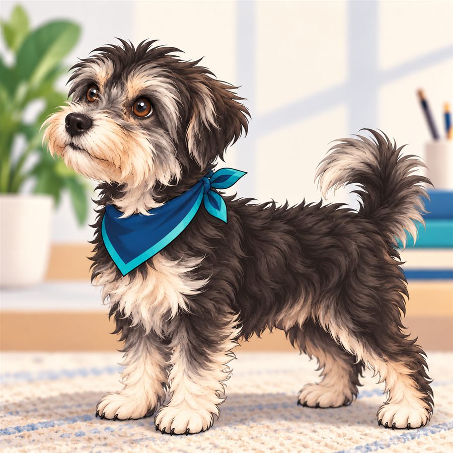 Luna, the BrightCounts mascot, a scruffy dog wearing a blue bandana